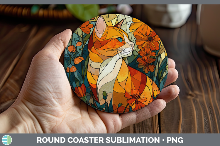Orange Cat Round Coaster Cats Stained Glass Wild Flowers Sub