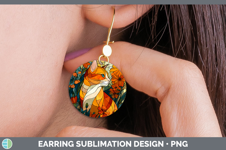 Orange Cat Round Earrings Cats Stained Glass Wild Flowers Su