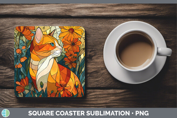 GorgeousCats Stained Glass Wild Flowers Square Coaster design.