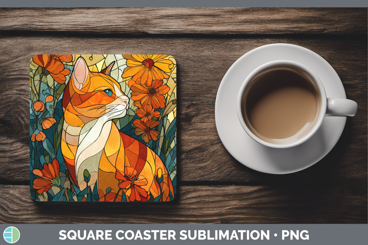Orange Cat Square Coaster Cats Stained Glass Wild Flowers Su