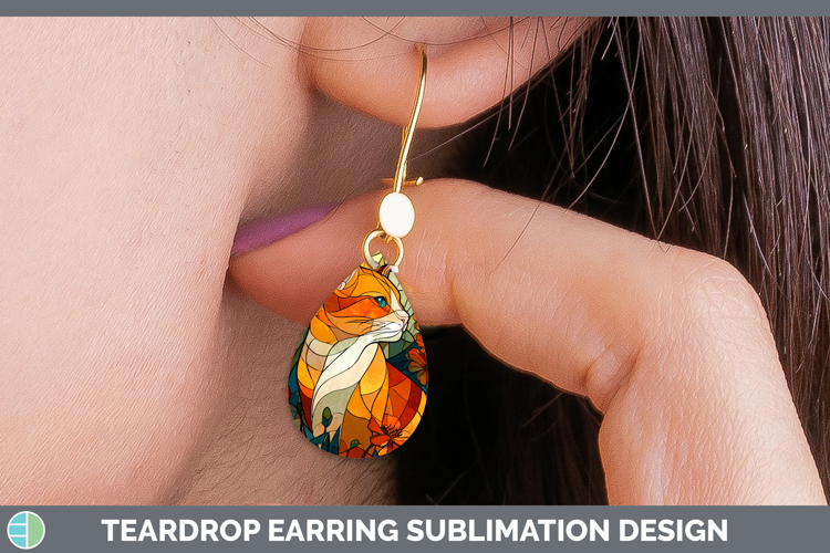 Orange Cat Teardrop Earrings Cats Stained Glass Wild Flowers