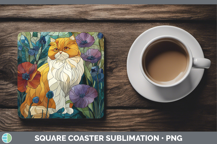 Persian Cat Square Coaster Cats Stained Glass Wild Flowers S
