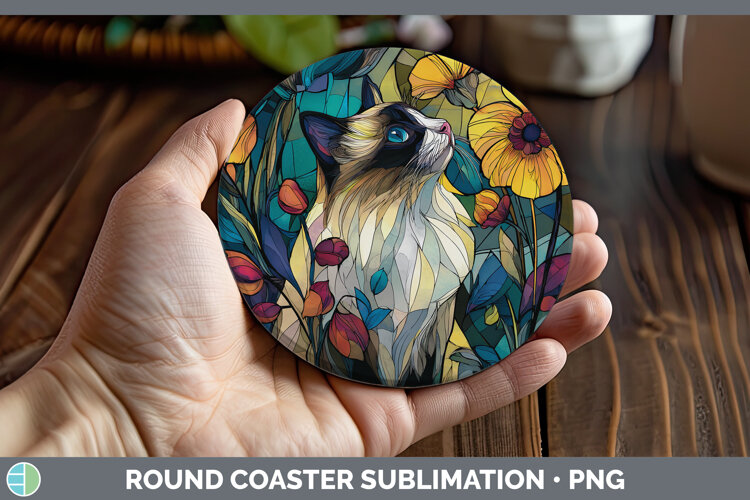 GorgeousCats Stained Glass Wild Flowers Round Coaster design.