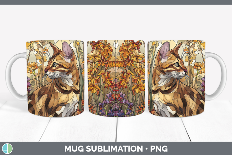 Savannah Cat Mug Wrap Cats Stained Glass Wild Flowers Sublim