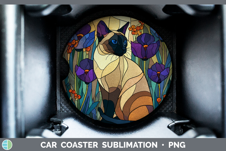 Siamese Cat Car Coaster Cats Stained Glass Wild Flowers Subl