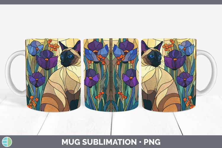 Siamese Cat Mug Wrap Cats Stained Glass Wild Flowers Sublima