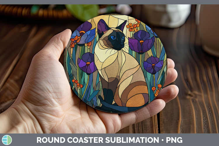 Siamese Cat Round Coaster Cats Stained Glass Wild Flowers Su