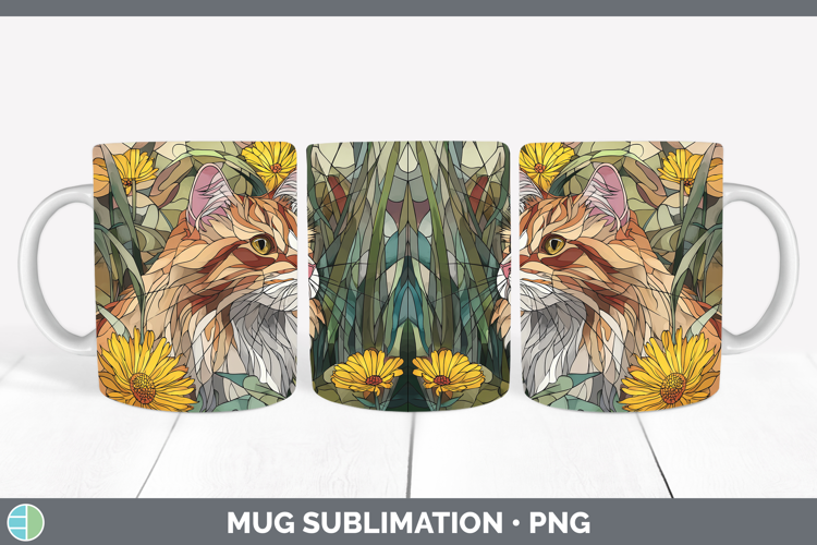 Siberian Cat Mug Wrap Cats Stained Glass Wild Flowers Sublim