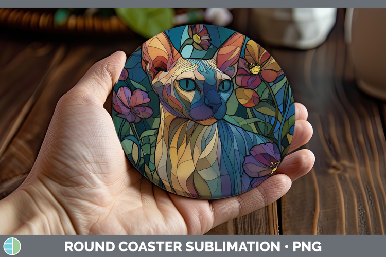 Sphynx Cat Round Coaster Cats Stained Glass Wild Flowers Sub