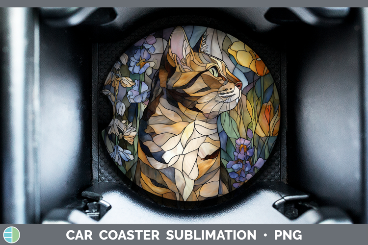 Tabby Cat Car Coaster Cats Stained Glass Wild Flowers Sublim