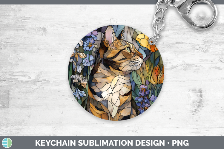 Tabby Cat Keychain Cats Stained Glass Wild Flowers Sublimati