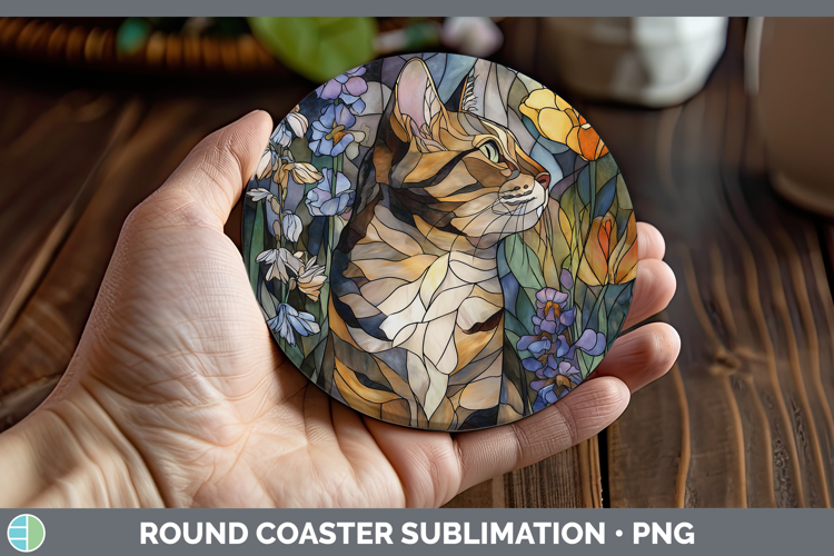 Tabby Cat Round Coaster Cats Stained Glass Wild Flowers Subl