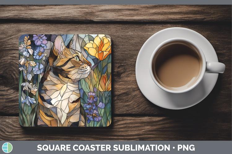 Tabby Cat Square Coaster Cats Stained Glass Wild Flowers Sub