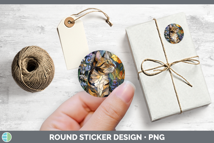 Cats Stained Glass Wild Flowers Tabby Cat Stickers | Round L