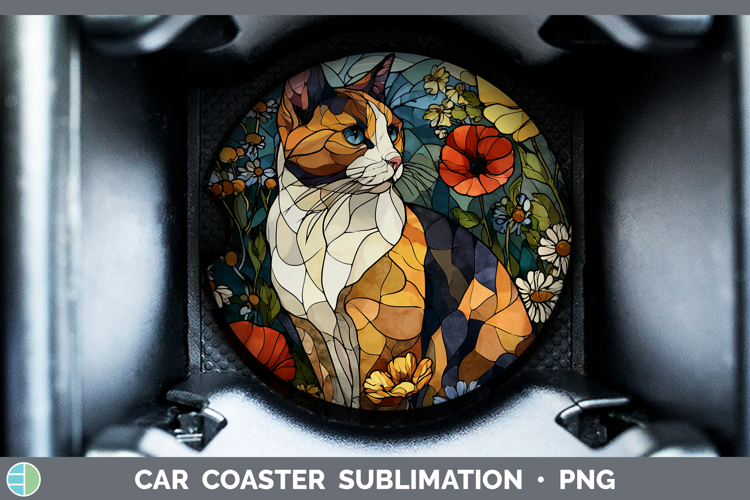 Tortoiseshell Cat Car Coaster Cats Stained Glass Wild Flower