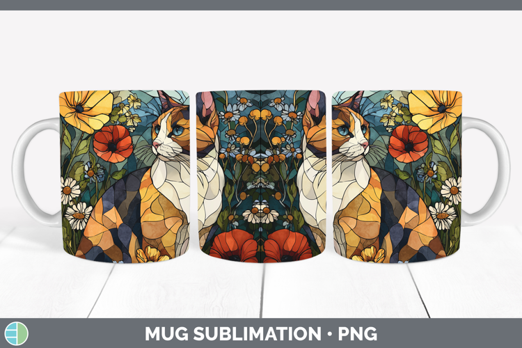 Tortoiseshell Cat Mug Wrap Cats Stained Glass Wild Flowers S