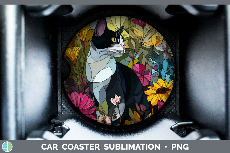 Tuxedo Cat Car Coaster Cats Stained Glass Wild Flowers Subli