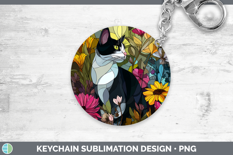 Tuxedo Cat Keychain Cats Stained Glass Wild Flowers Sublimat