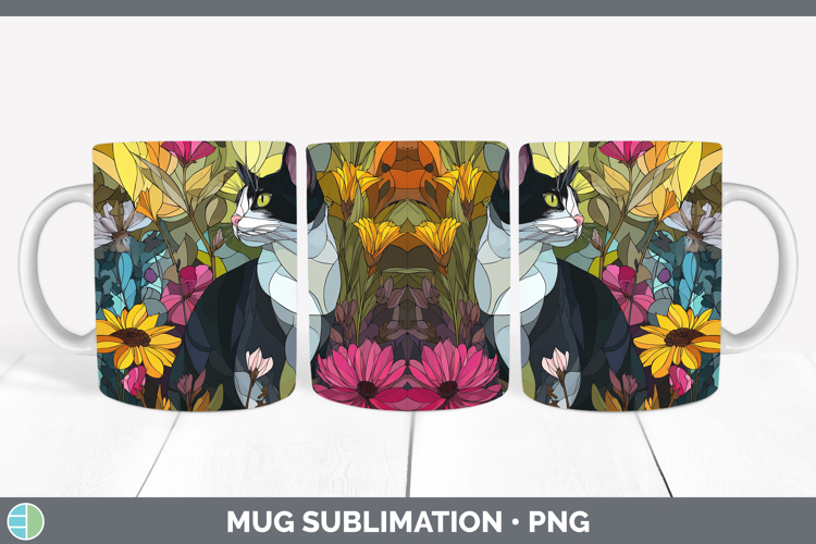 Tuxedo Cat Mug Wrap Cats Stained Glass Wild Flowers Sublimat