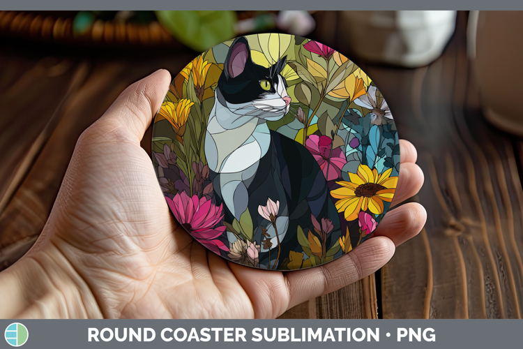 Tuxedo Cat Round Coaster Cats Stained Glass Wild Flowers Sub