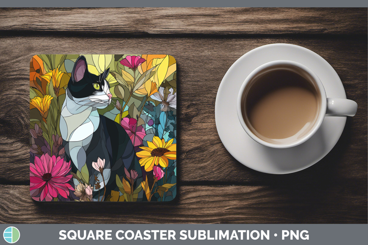 Tuxedo Cat Square Coaster Cats Stained Glass Wild Flowers Su