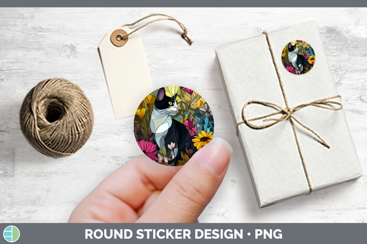 Cats Stained Glass Wild Flowers Tuxedo Cat Stickers | Round