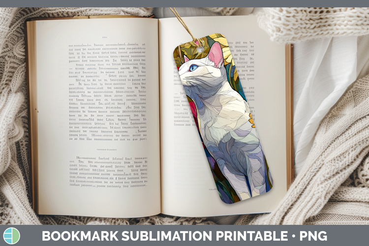 White Cat Bookmark Cats Stained Glass Wild Flowers Sublimati