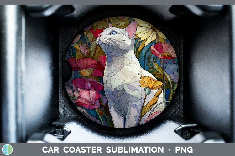 White Cat Car Coaster Cats Stained Glass Wild Flowers Sublim