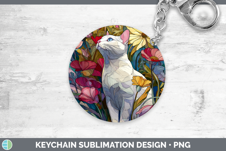 White Cat Keychain Cats Stained Glass Wild Flowers Sublimati