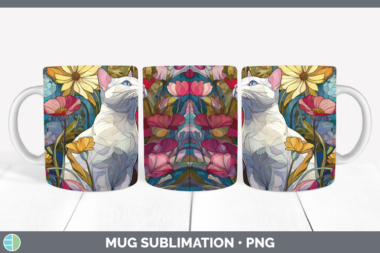 White Cat Mug Wrap Cats Stained Glass Wild Flowers Sublimati