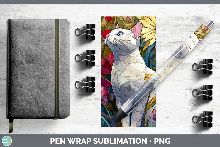 White Cat Pen Wrap Cats Stained Glass Wild Flowers Sublimati