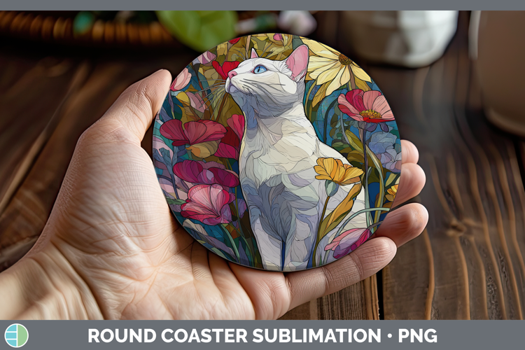 White Cat Round Coaster Cats Stained Glass Wild Flowers Subl