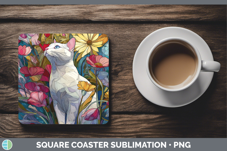 White Cat Square Coaster Cats Stained Glass Wild Flowers Sub
