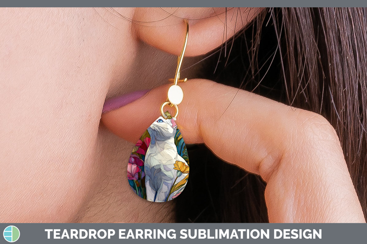 White Cat Teardrop Earrings Cats Stained Glass Wild Flowers