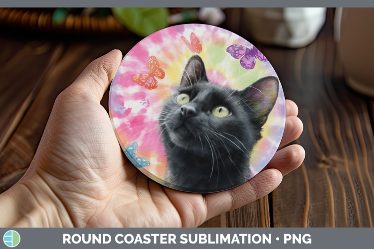 Black Cats Tie Dye Round Coaster Sublimation Design
