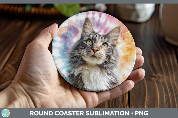 Maine Coon Cats Tie Dye Round Coaster Sublimation Design