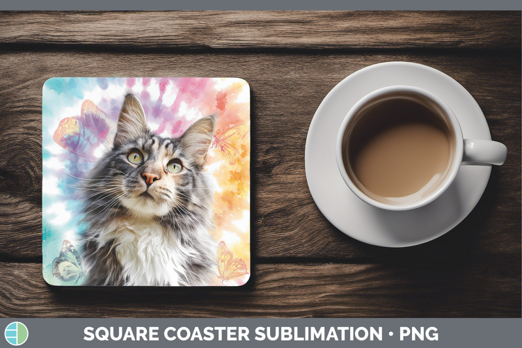 Maine Coon Cats Tie Dye Square Coaster Sublimation Design