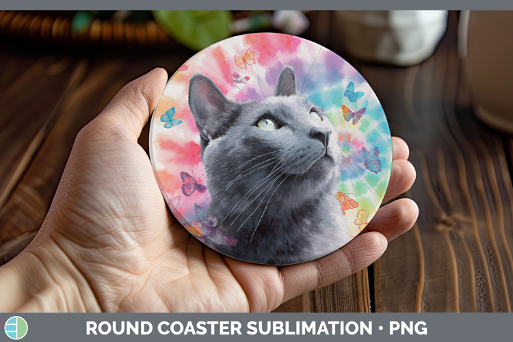Russian Blue Cats Tie Dye Round Coaster Sublimation Design
