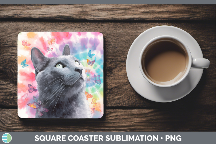 Russian Blue Cats Tie Dye Square Coaster Sublimation Design