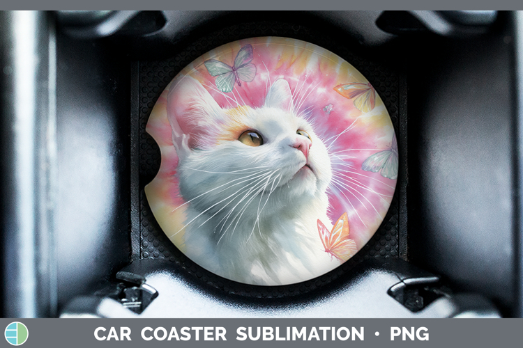 White Cats Tie Dye Car Coaster Sublimation Design