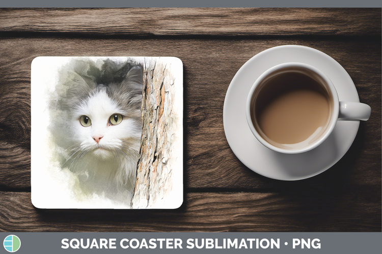 Angora Cats Tree Peek Square Coaster Sublimation Design