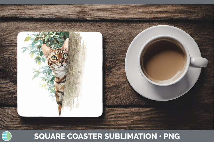 Bengal Cats Tree Peek Square Coaster Sublimation Design