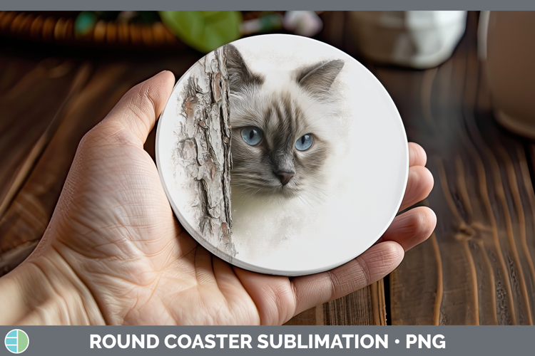 Birman Cats Tree Peek Round Coaster Sublimation Design