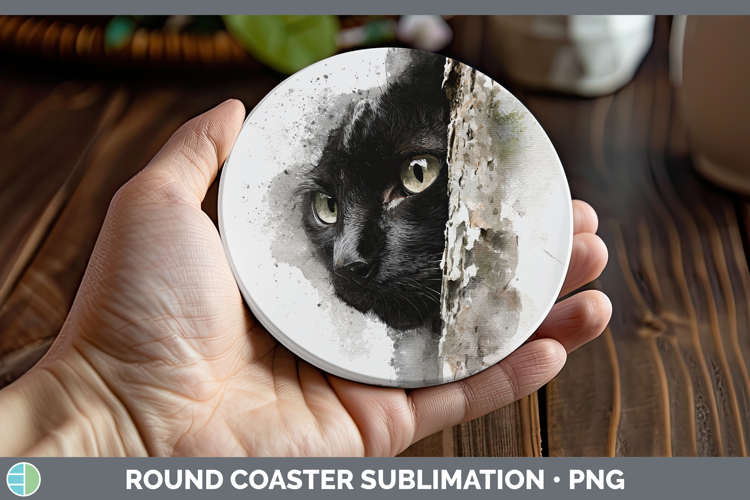 Black Cats Tree Peek Round Coaster Sublimation Design