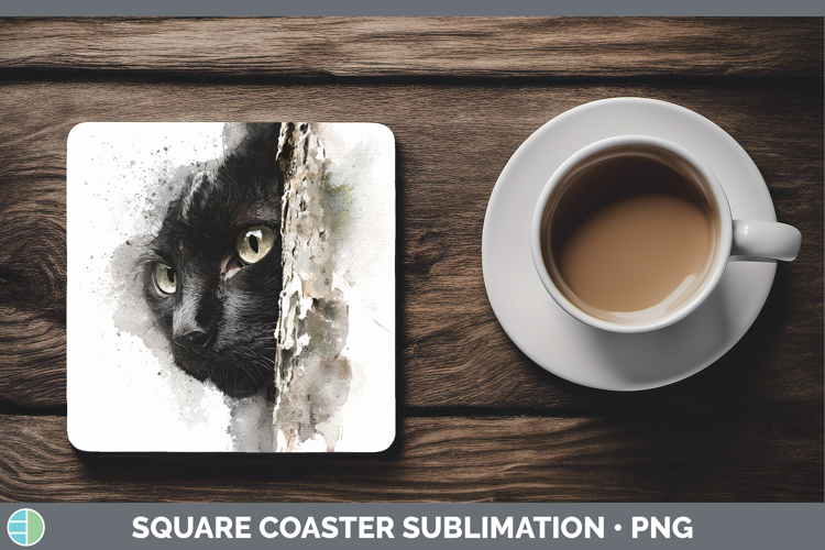 Black Cats Tree Peek Square Coaster Sublimation Design