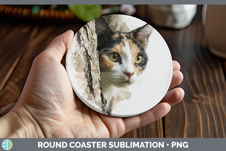 Calico Cats Tree Peek Round Coaster Sublimation Design