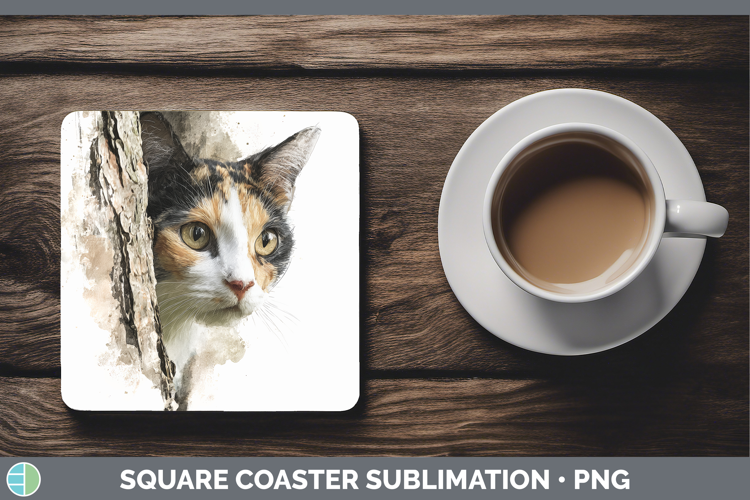 Calico Cats Tree Peek Square Coaster Sublimation Design