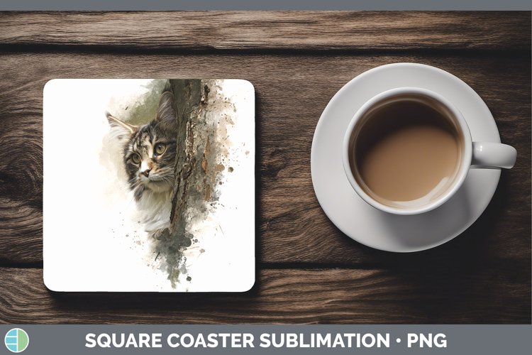 Maine Coon Cats Tree Peek Square Coaster Sublimation Design