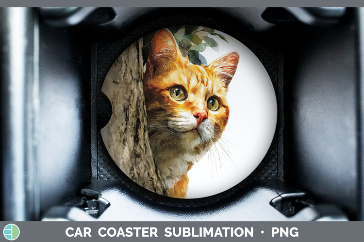 Orange Cats Tree Peek Car Coaster Sublimation Design