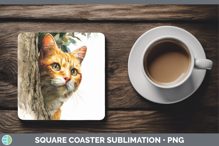 Orange Cats Tree Peek Square Coaster Sublimation Design